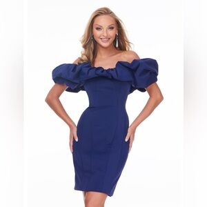 Ashley Lauren Style 4437 Navy Off-the-Shoulder Ruffle Dress - Size 14